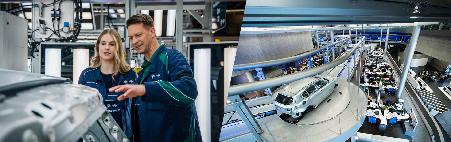Auszubildende und Auszubildender unterhalten sich und BMW-Automobilproduktion mit einem Fahrzeug, das auf einem Förderband bewegt wird.