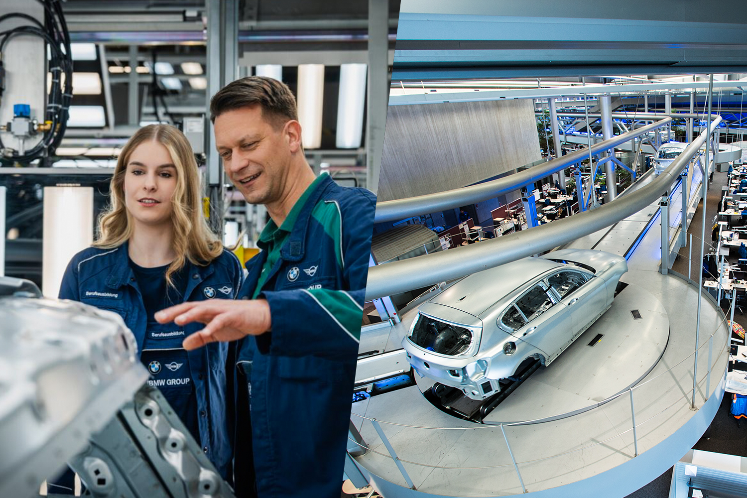 Auszubildende und Auszubildender unterhalten sich und BMW-Automobilproduktion mit einem Fahrzeug, das auf einem Förderband bewegt wird.