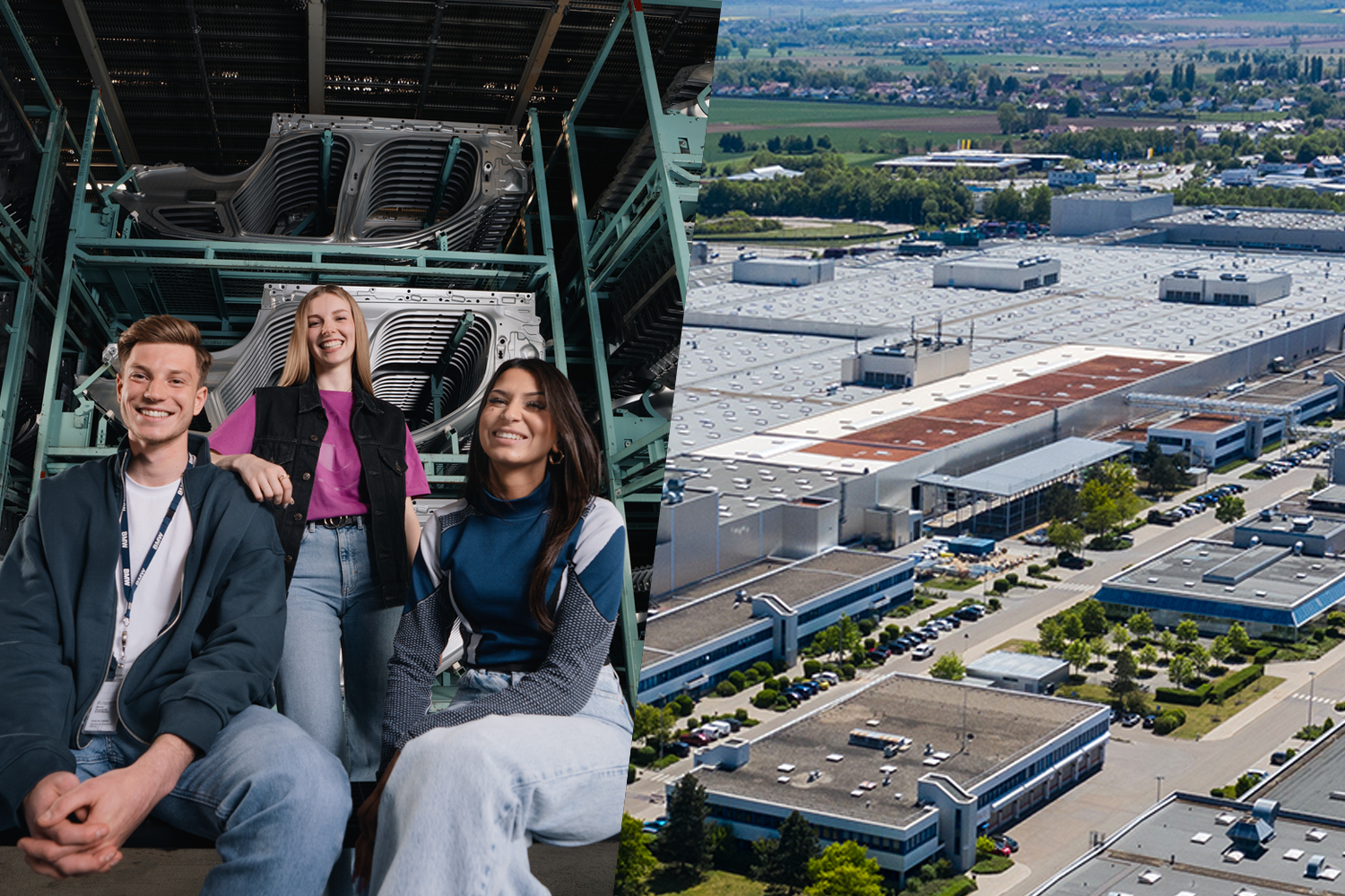 Drei Auszubildende vor Regalen mit Fahrzeugteilen und Luftaufnahme des BMW Group Werks Regensburg.
