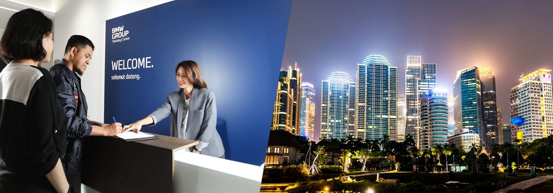 The pictures shows Jakarta and two employees in the Indonesian BMW Group office