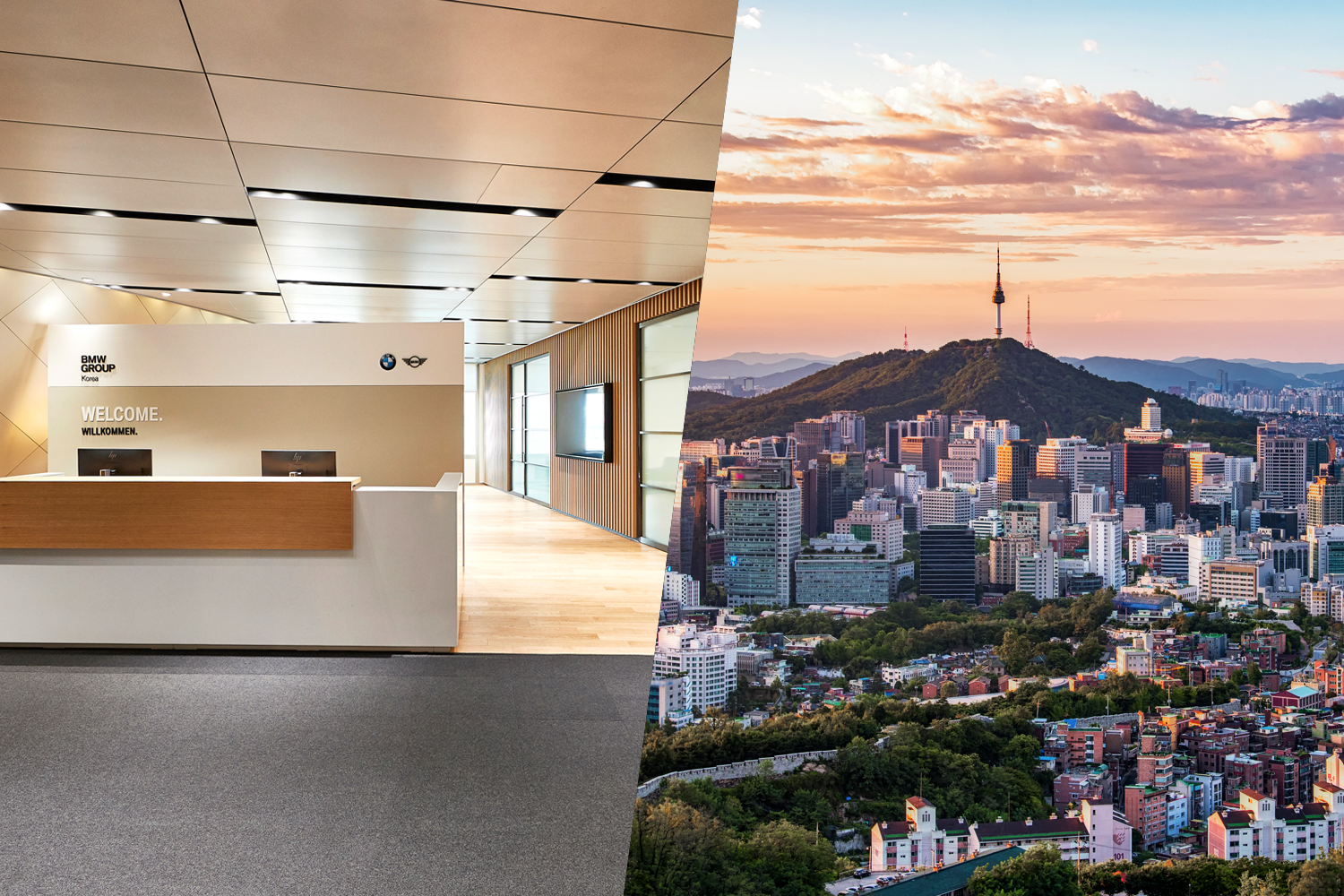 Collage: BMW Group Office and aerial view of Seoul