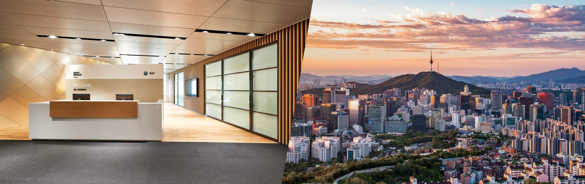 Collage: BMW Group Office and aerial view of Seoul