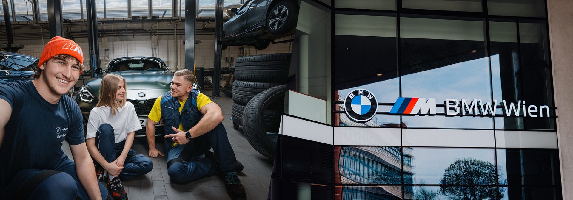 Collage: BMW Niederlassung Wien und Gruppenfoto der Lehrlinge.