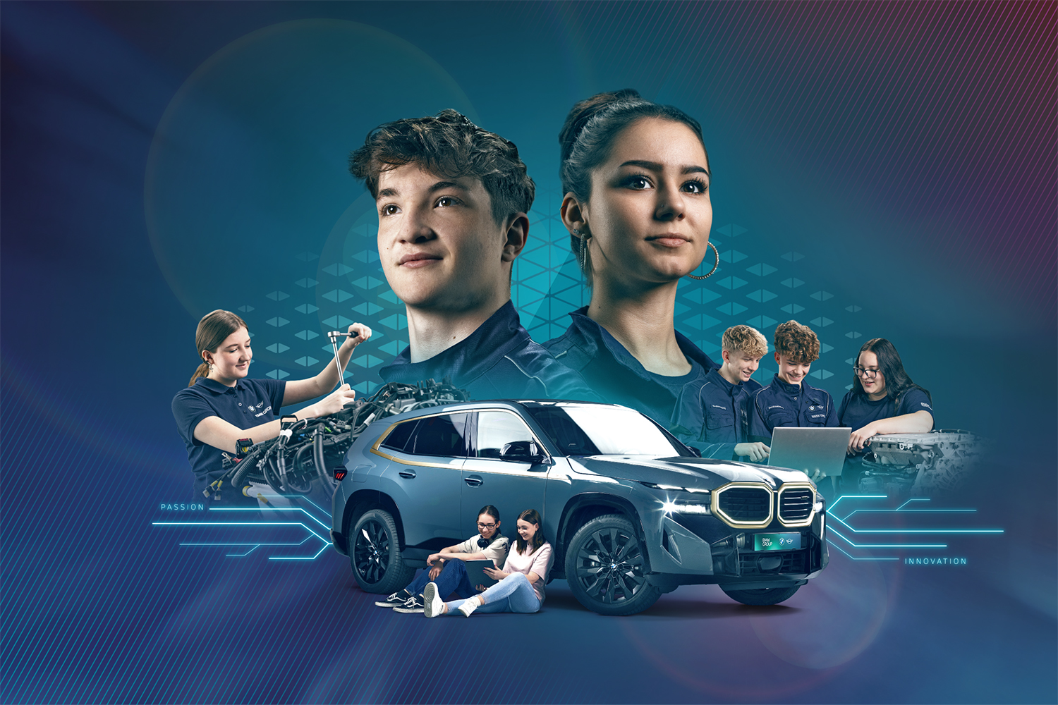 Gesichter einiger BMW Azubis und BMW XM