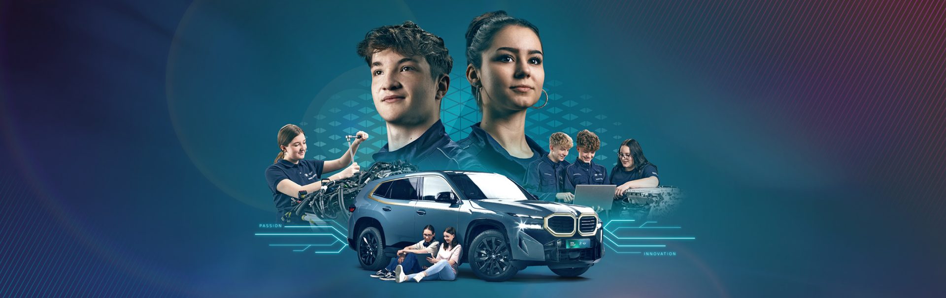 Collage von BMW Mitarbeitenden, die um einen BMW XM stehen und verschiedenen Tätigkeiten nachgehen.