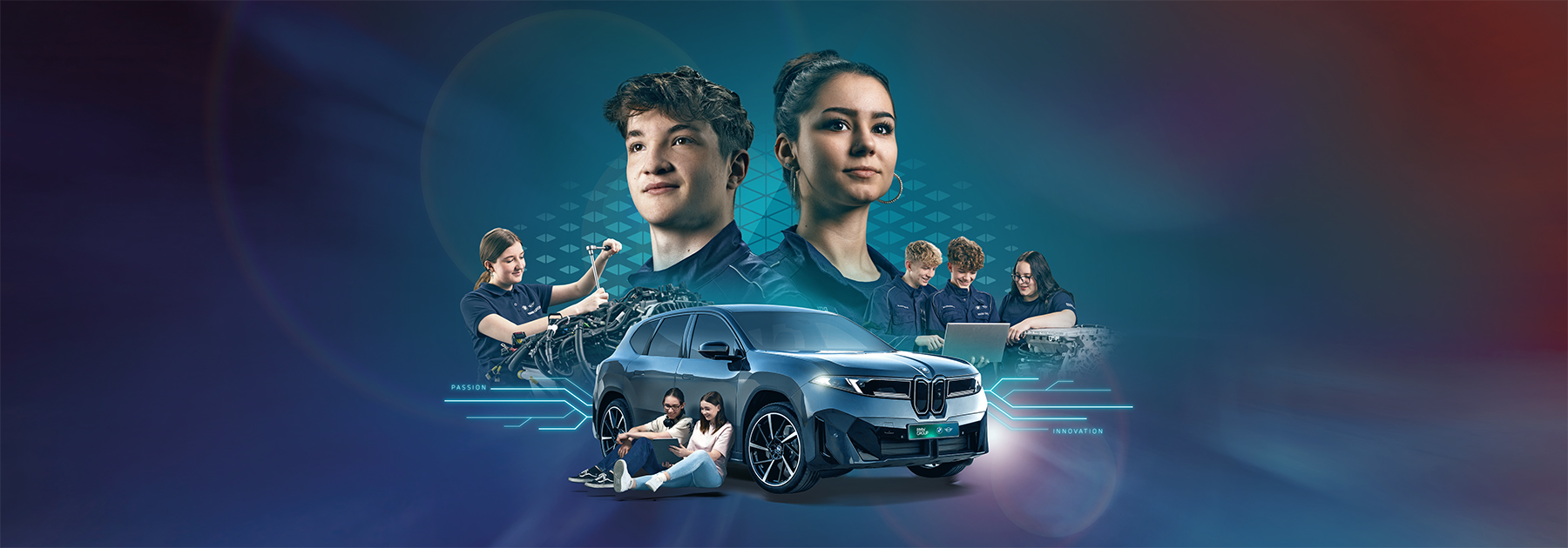 Collage von BMW Mitarbeitenden, die um einen BMW XM stehen und verschiedenen Tätigkeiten nachgehen.