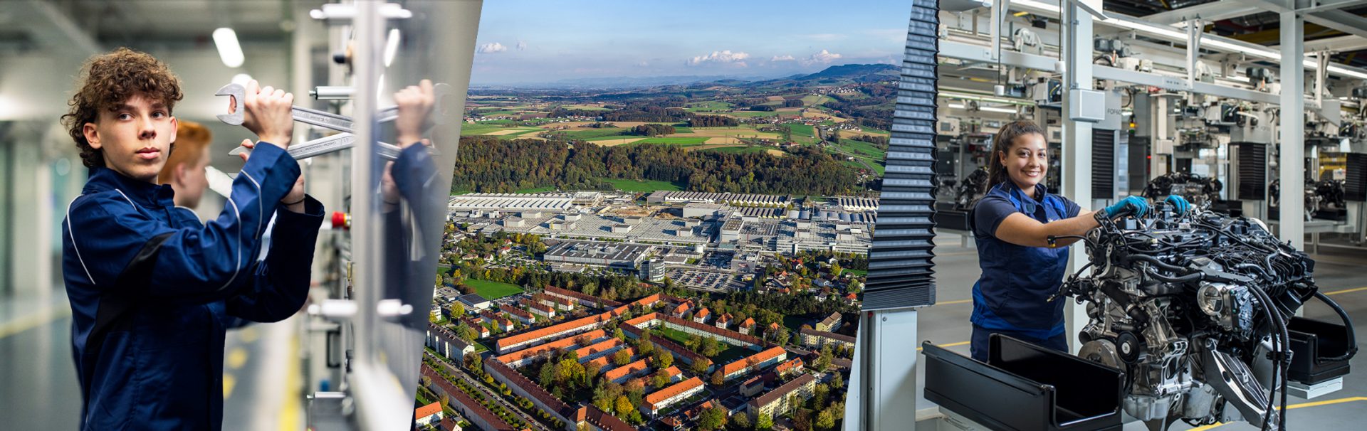 Collage of images of the Steyr plant and its employees.