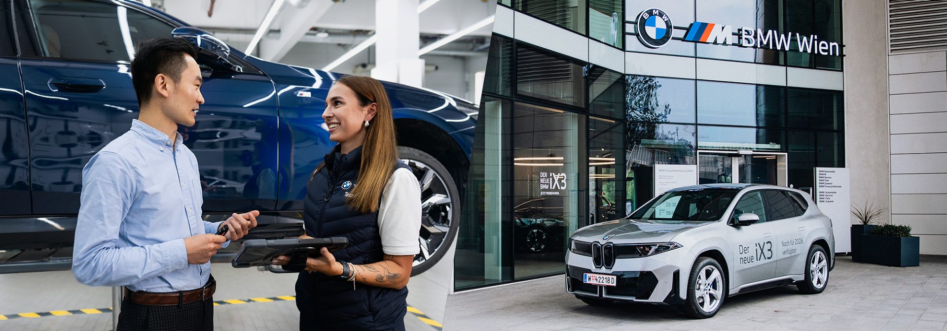 Splitscreen-Motiv: Eine Aftersales-Mitarbeiterin mit einem Kunden am Fahrzeug und Außenaufnahme der BMW Niederlassung Wien mit BMW iX3