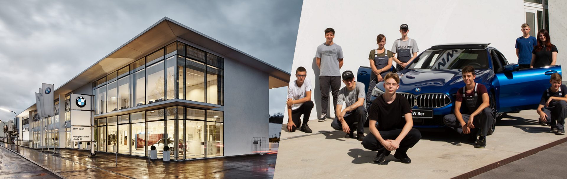 Collage: BMW branch in Vienna and group photo of the apprentices.