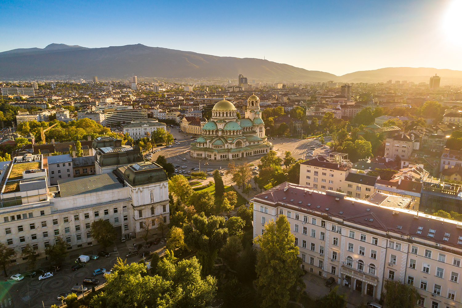 Beautiful Sofia, Bulgaria in early autumn. The scene is situated in downtown district of Sofia, Bulgaria (Eastern Europe) during sunset. The picture is taken with DJI Phantom 4 Pro drone.