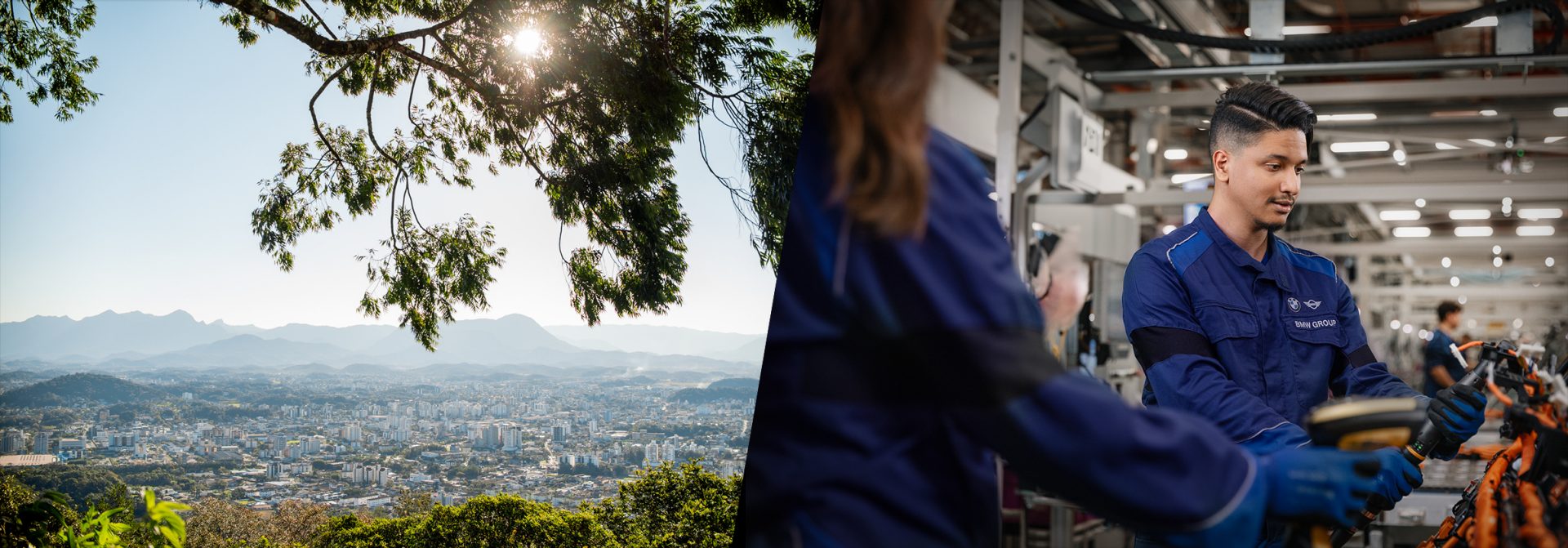 Collage of a cityscape of Arraquari and a BMW employee on a production line.
