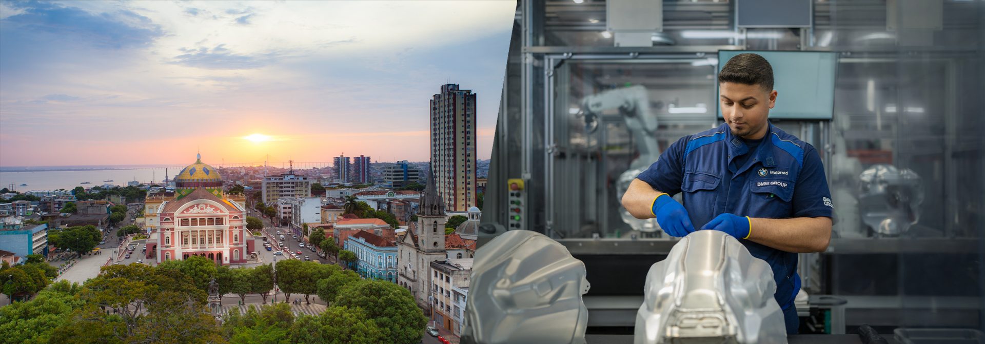 Collage of an image of the city of Manaus and an image of a BMW employee working on a motorcycle.