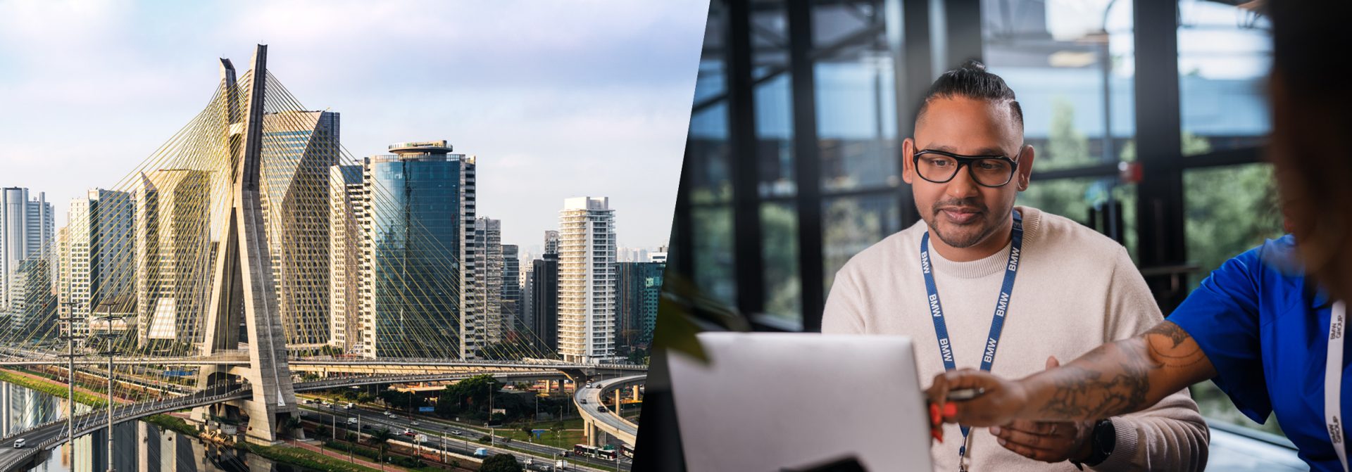 Collage of an image of the São Paulo skyline and an image of BMW employees in conversation.