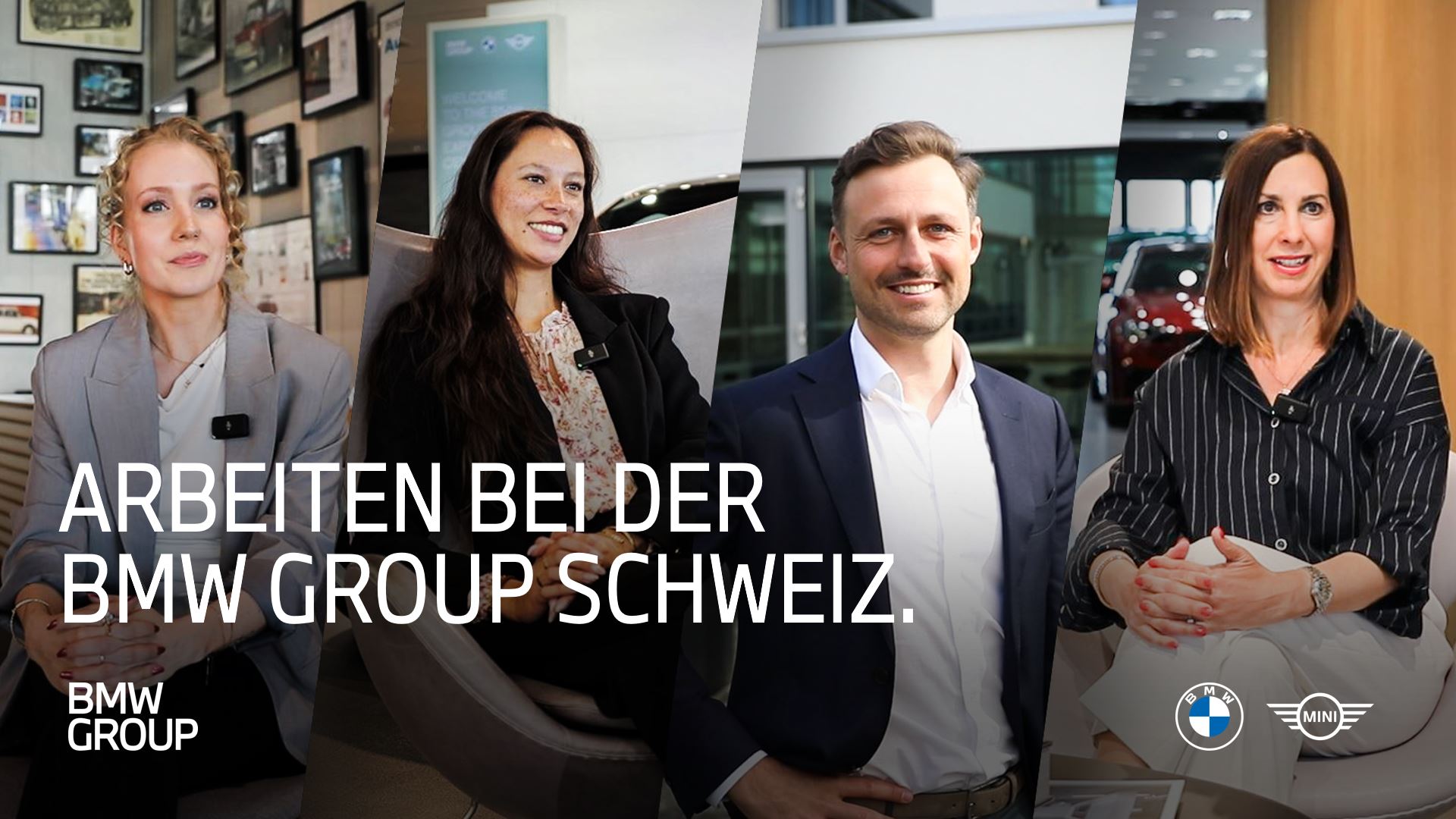 Thumbnail with four BMW Group Switzerland employees giving an interview in the video