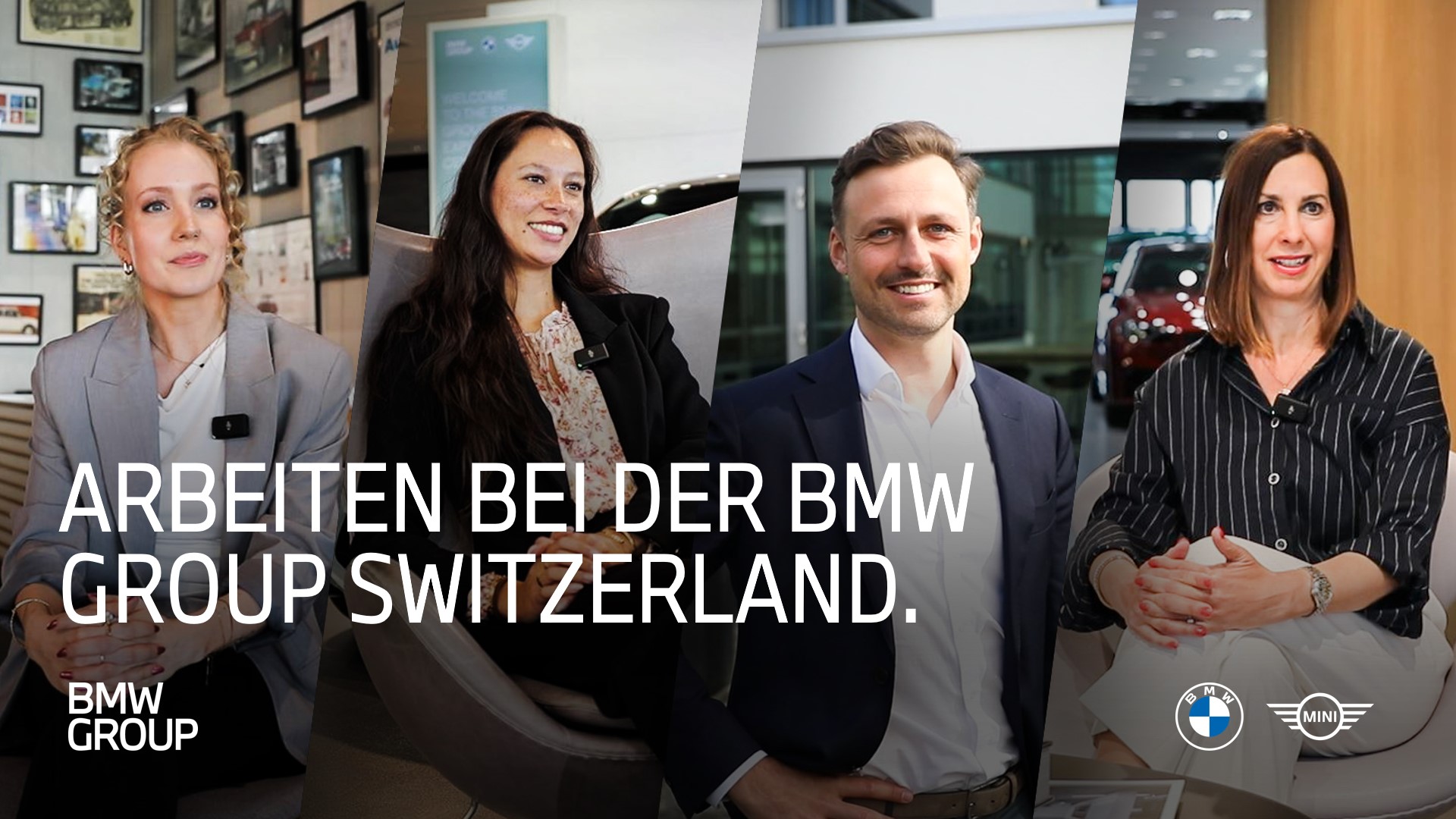 Thumbnail with four BMW Group Switzerland employees giving an interview in the video