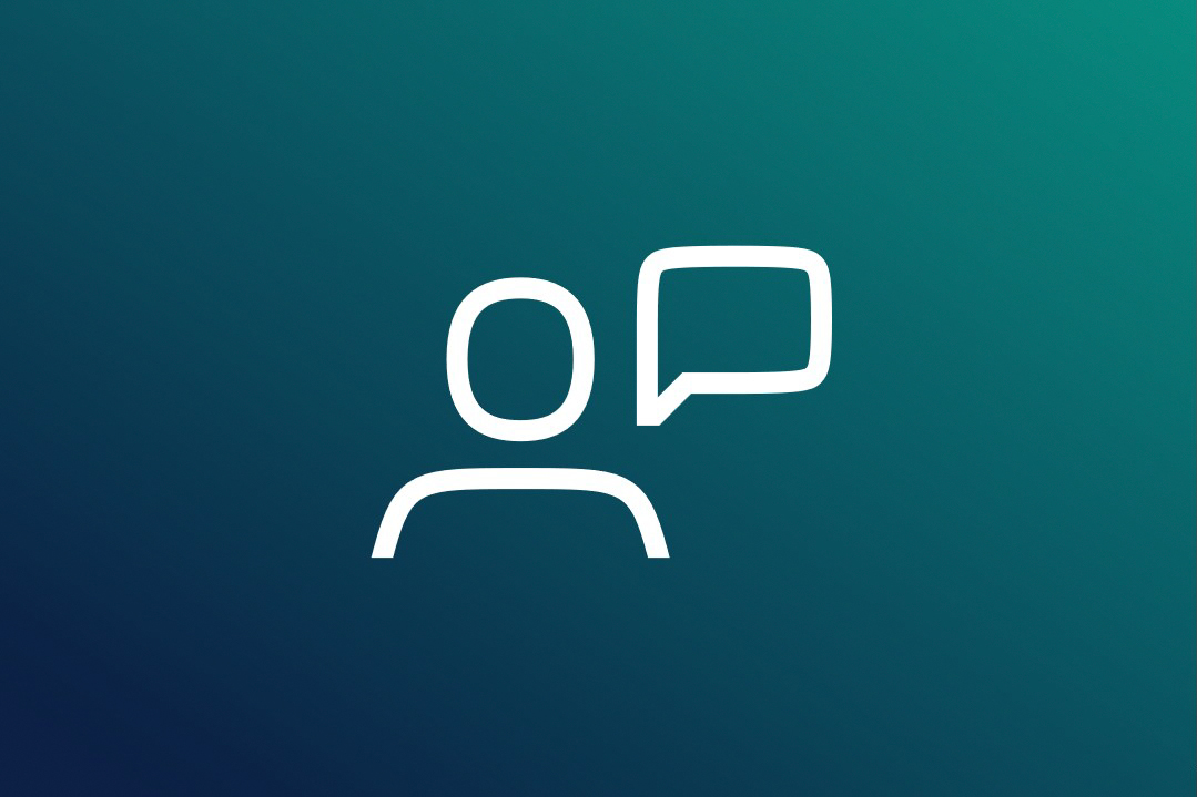 Icon of a person with a speech bubble on a turquoise background