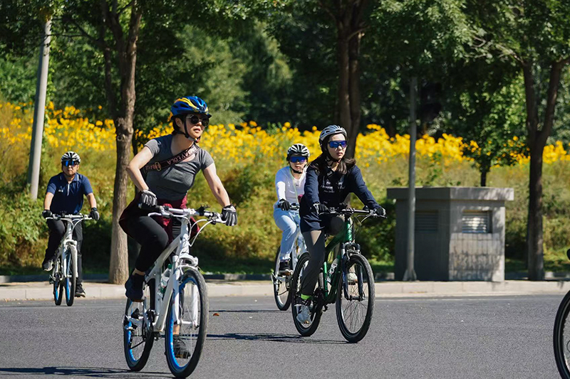 Five people riding bikes