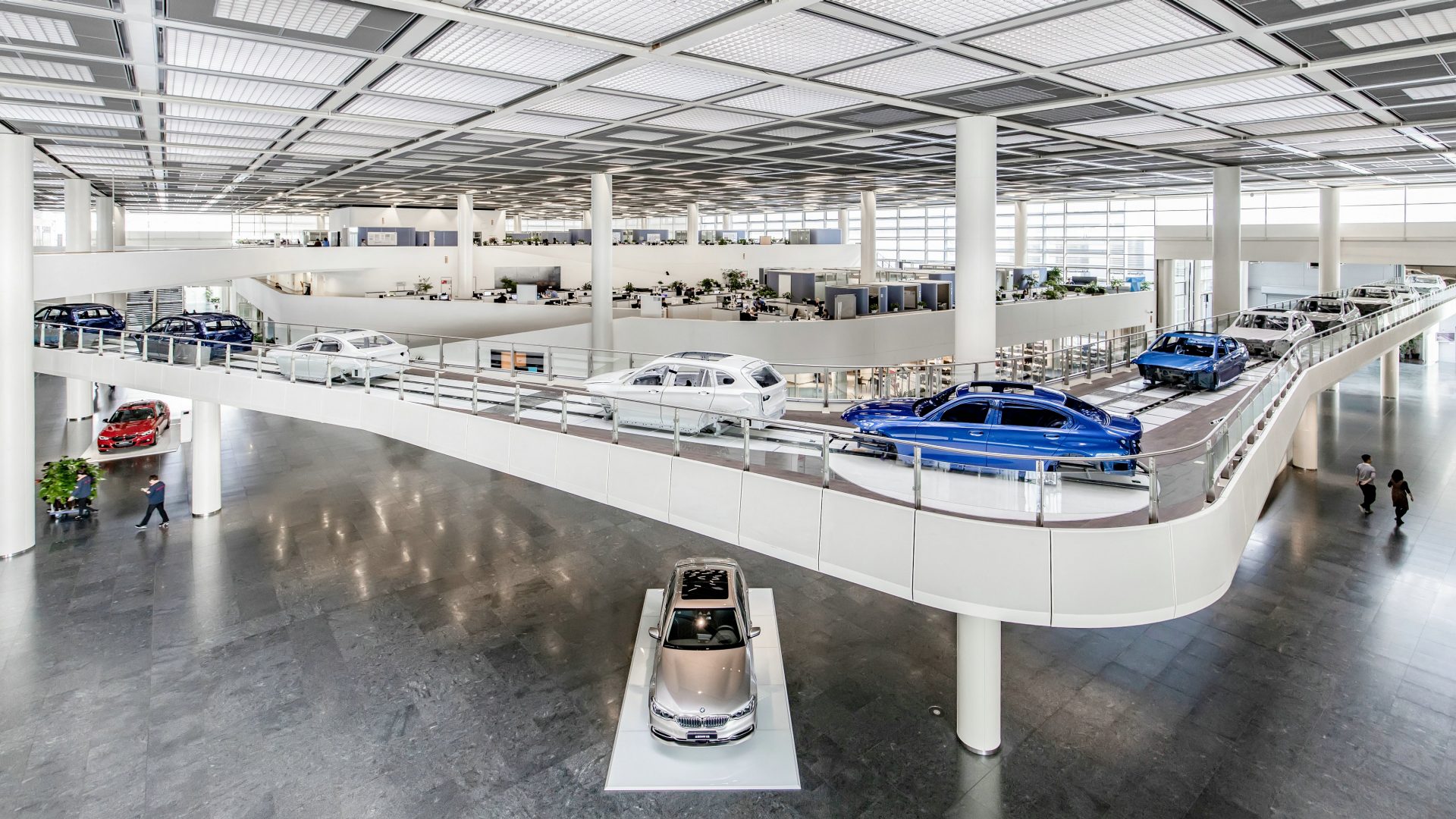 Assembly line with painted car bodies at the BMW Group Campus Shanghai