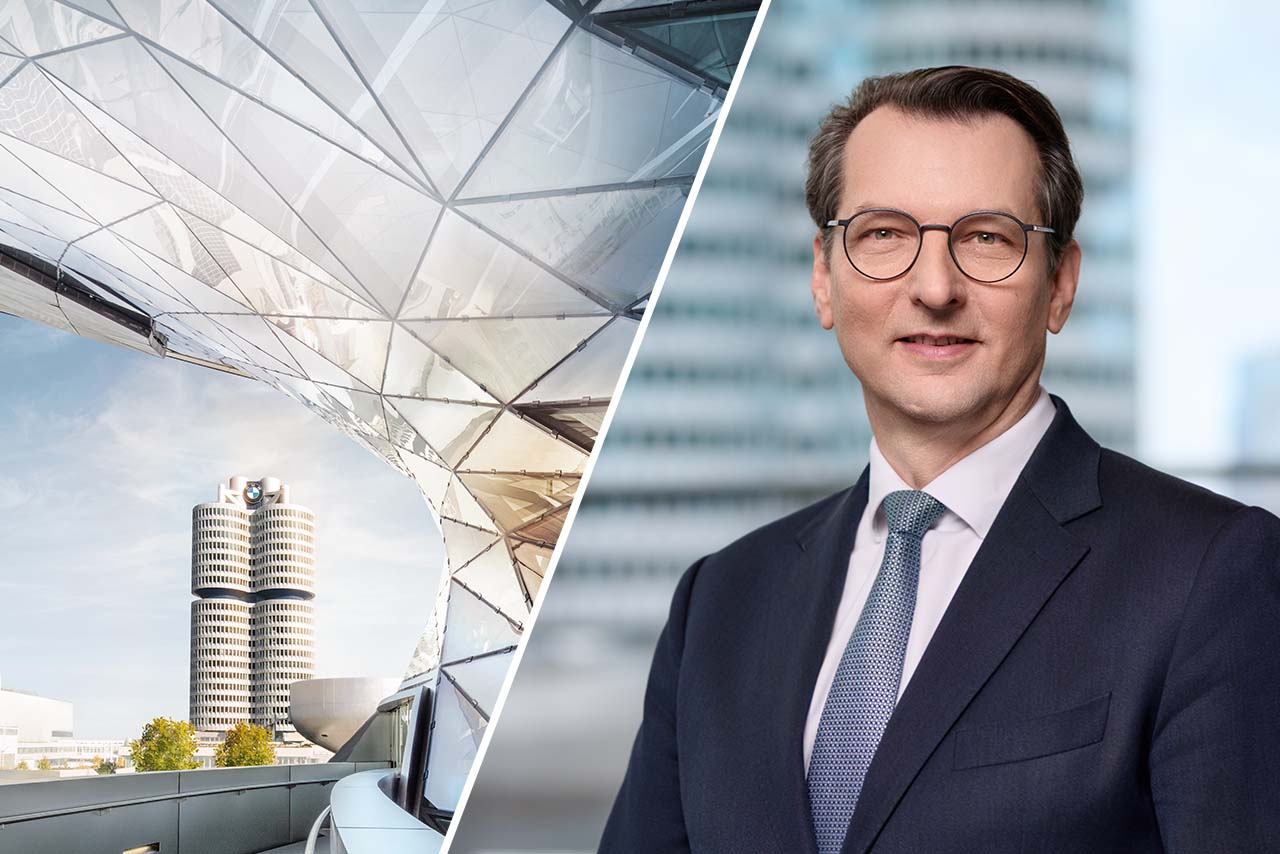 Left: Exterior view of the BMW Four-Cylinder Building. Right: Portrait photo of Milan Nedeljković, CEO of the BMW Group.