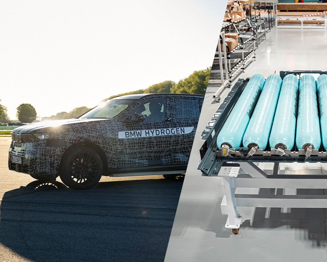 Split image: Camouflaged BMW iX5 Hydrogen (left). High-pressure hydrogen tanks for the new BMW Hydrogen Flat Storage system (right).