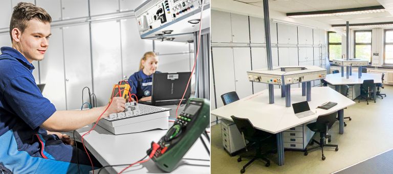 Two images, apprentices working in the e-laboratory (left) and the empty e-laboratory (right)