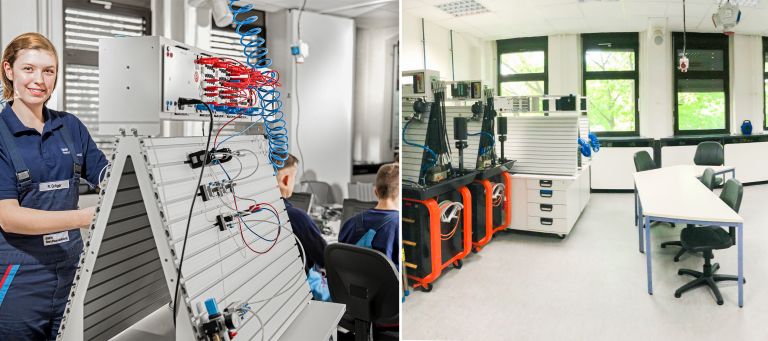 Two images, apprentices working in the pneumatic room (left) and the empty pneumatic room (right)