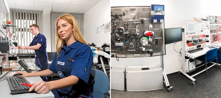 Zwei Bilder, Auszubildende arbeiten im Kfz-Labor (links) und verschiedene Geräte im Kfz-Labor (rechts)