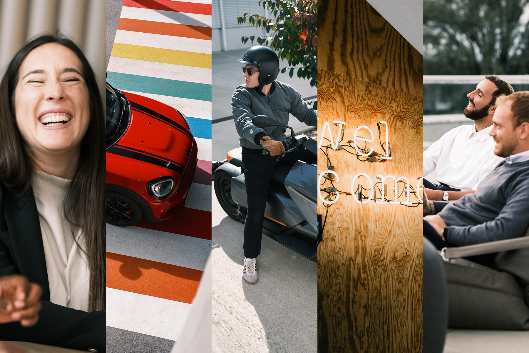 Collage of five pictures showing laughing people and BMW Group locations