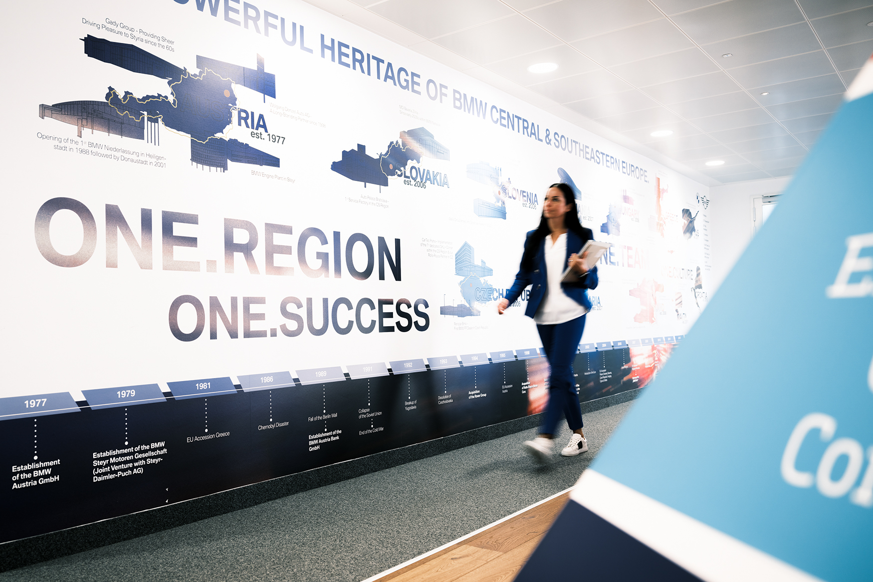 A woman walking along a wall with a painting "One Region. One Success"