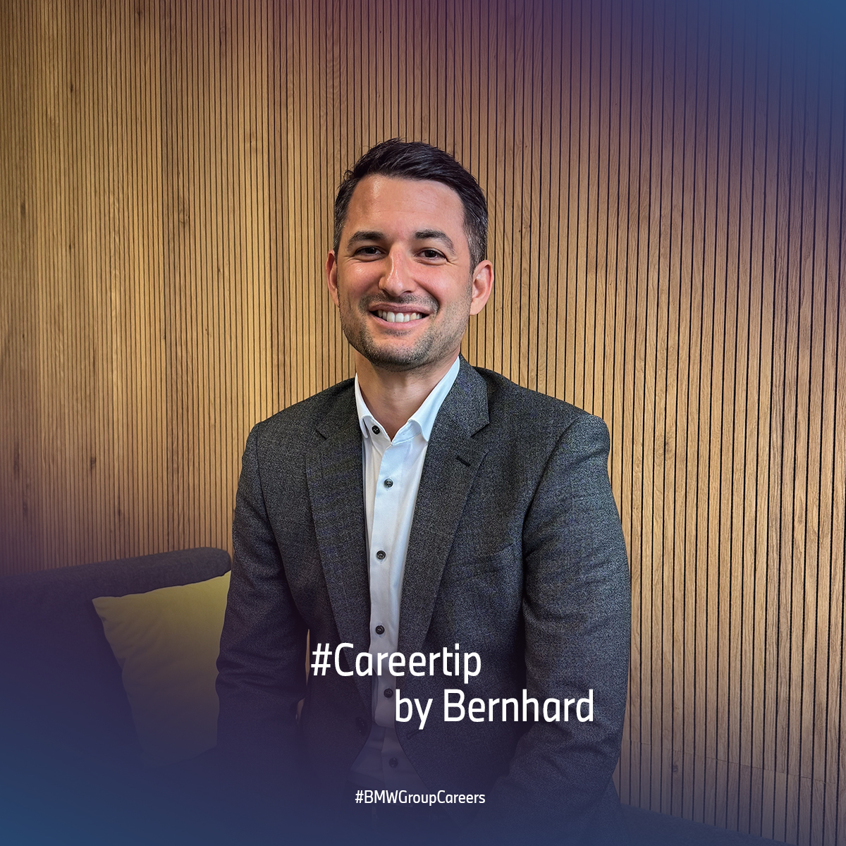BMW employee Bernhard smiling with the words ‘Careertip by Bernhard’ on the picture