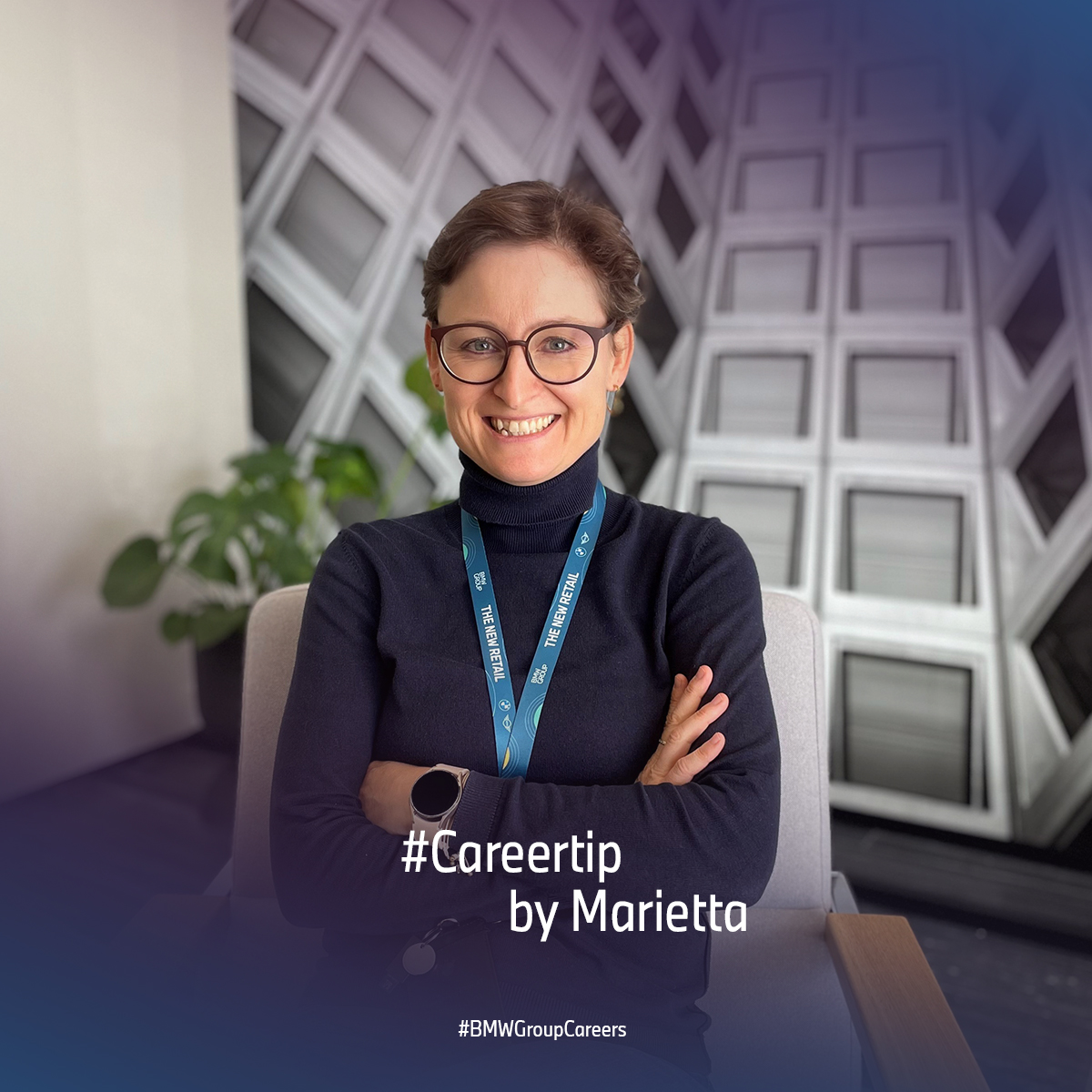 BMW employee Marietta smiling with ‘Careertip by Marietta’ in the picture