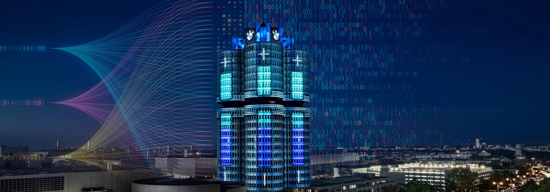 BMW Vierzylinder Gebäude mit grafischen Code-Elementen