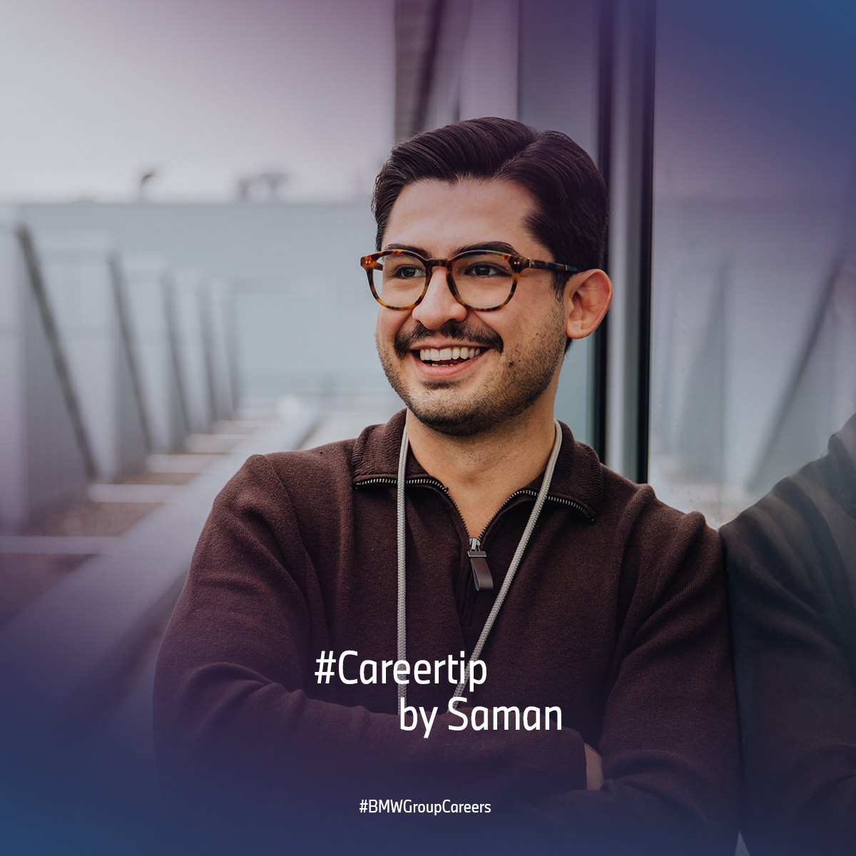 BMW Mitarbeiter Saman lächelnd mit "Careertip by Saman" auf dem Bild