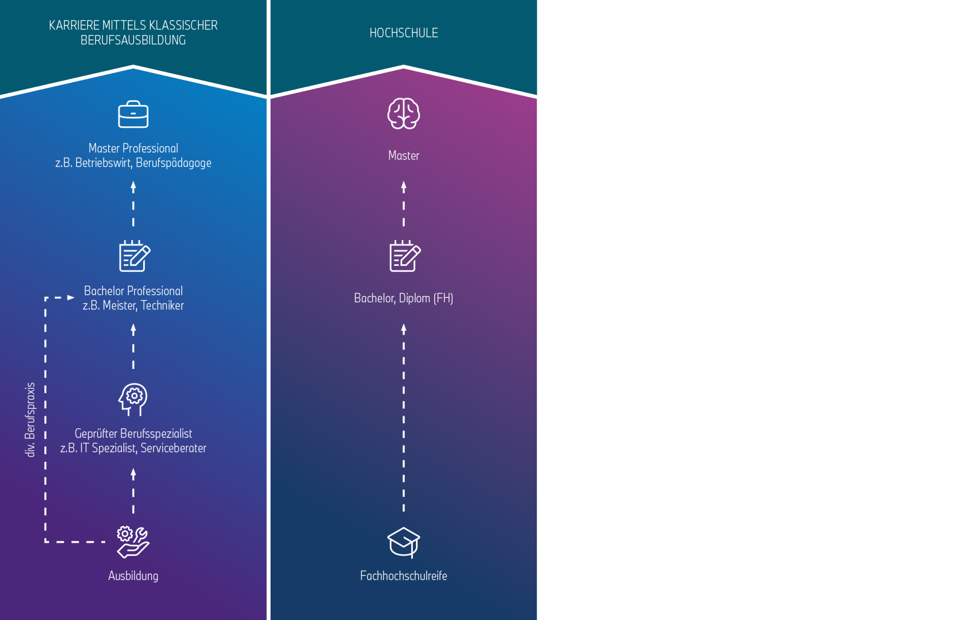 Diagramm der Karrierewege durch klassische Berufsausbildung und Hochschule.