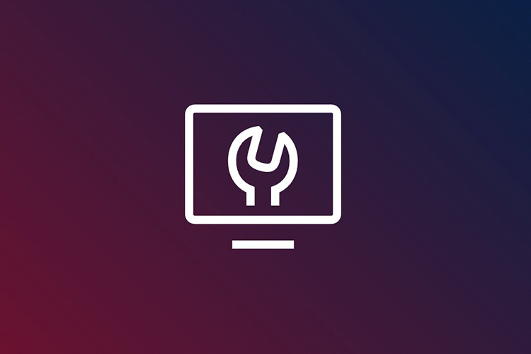 Das Bild zeigt ein Icon eines Laptops mit Werkzeug auf einem Dunkelblau/lilanem Hintergrund.