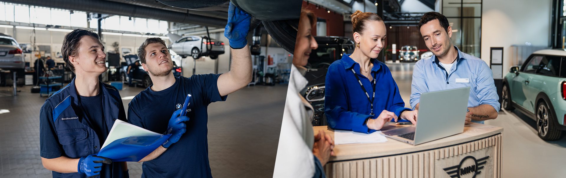 Zwei Auszubildende bei der BMW Group lachen in einer Werkstatt.