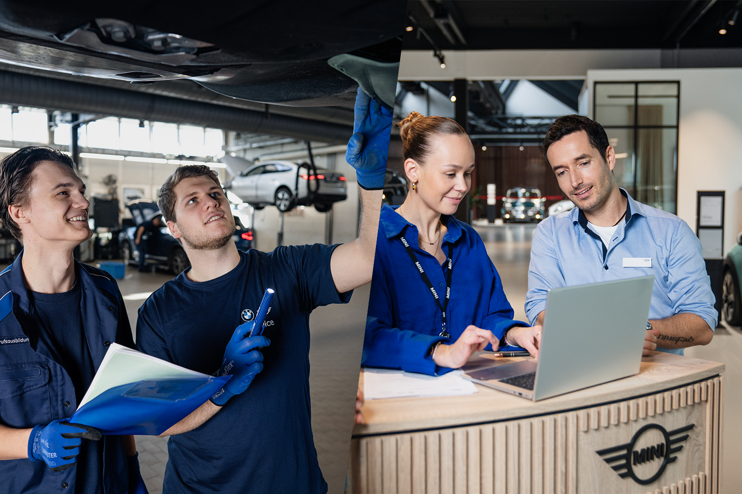 Zwei Auszubildende bei der BMW Group lachen in einer Werkstatt.