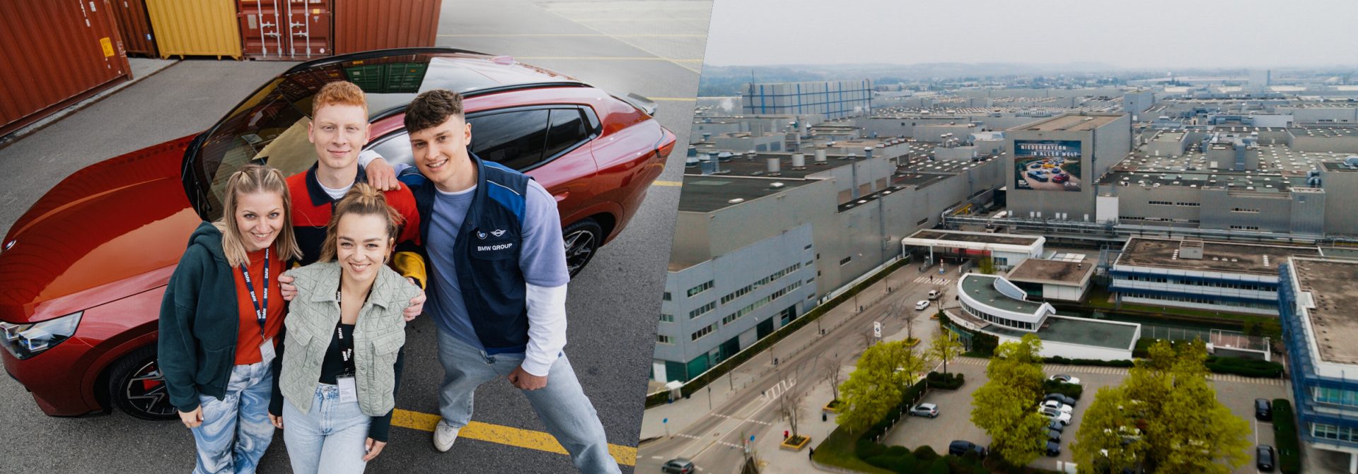 Azubis mit einem BMW X2 und Luftaufnahme des BMW Werks Dingolfing