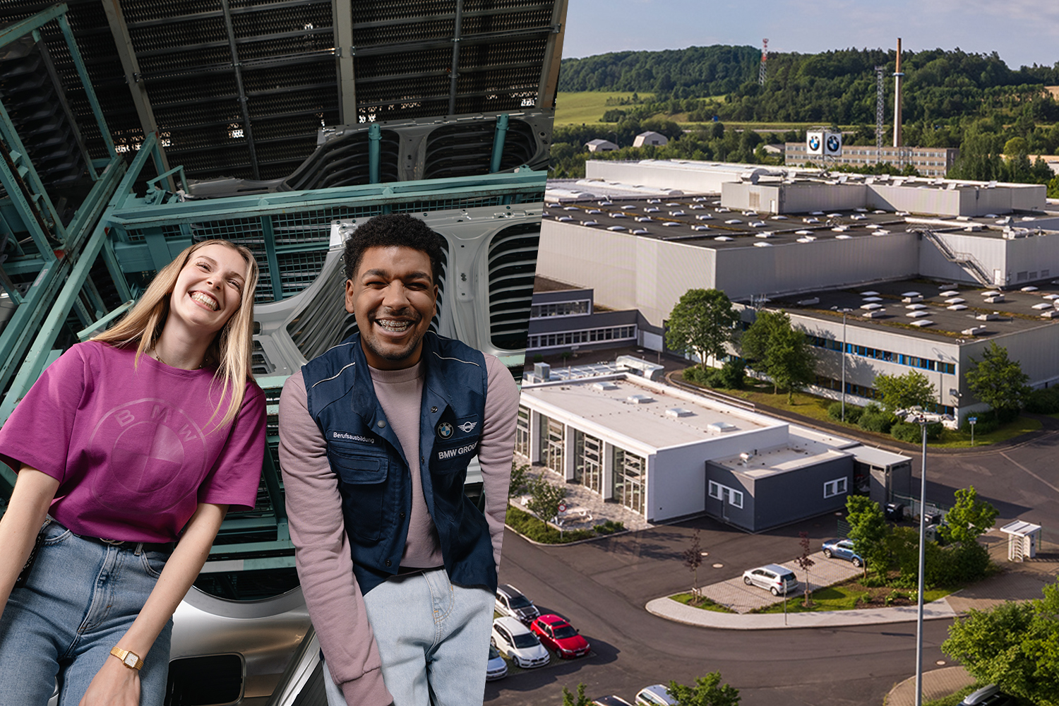 Zwei lachende Azubis in einem Lager und Luftansicht des BMW Werks Eisenach