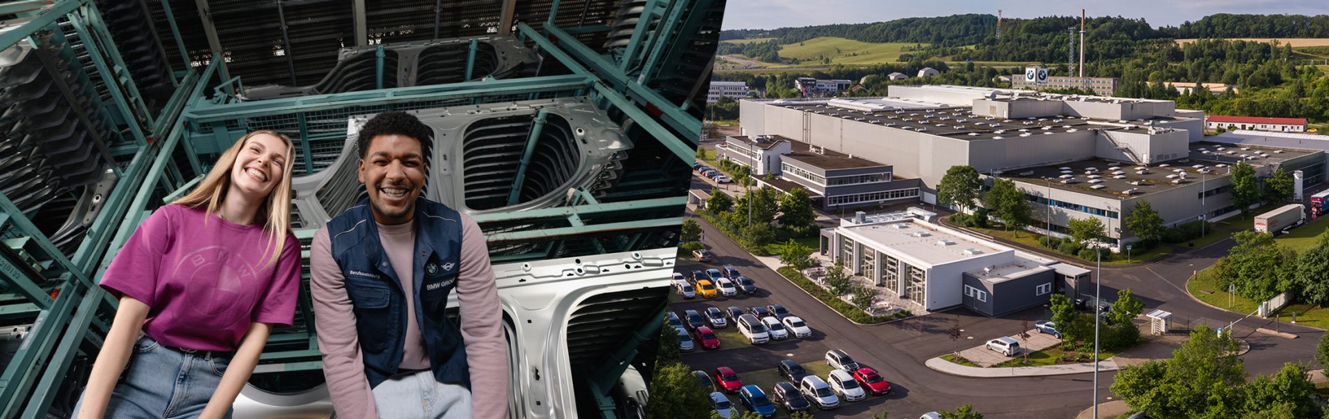 Zwei lachende Azubis in einem Lager und Luftansicht des BMW Werks Eisenach