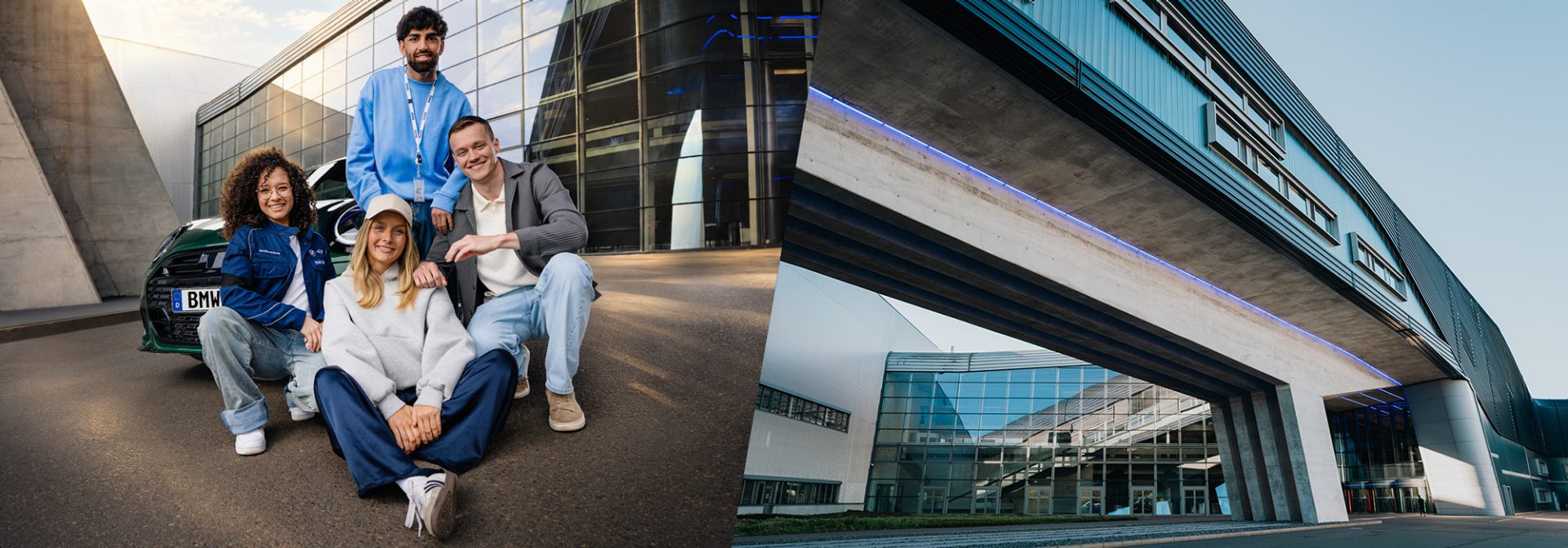 Auszubildende und Auszubildender unterhalten sich und BMW-Automobilproduktion mit einem Fahrzeug, das auf einem Förderband bewegt wird.