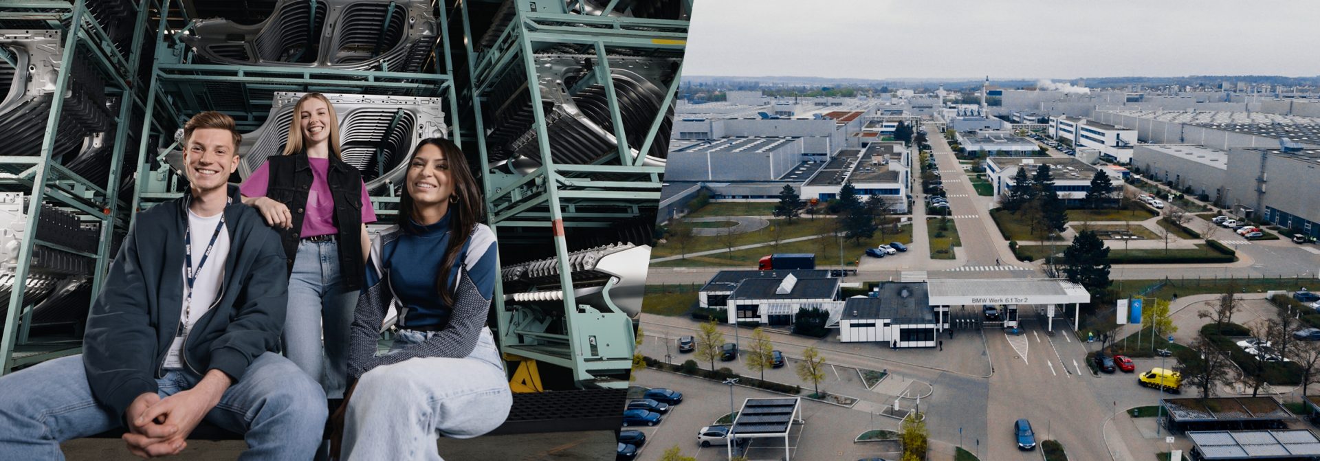 Drei Auszubildende vor Regalen mit Fahrzeugteilen und Luftaufnahme des BMW Group Werks Regensburg.