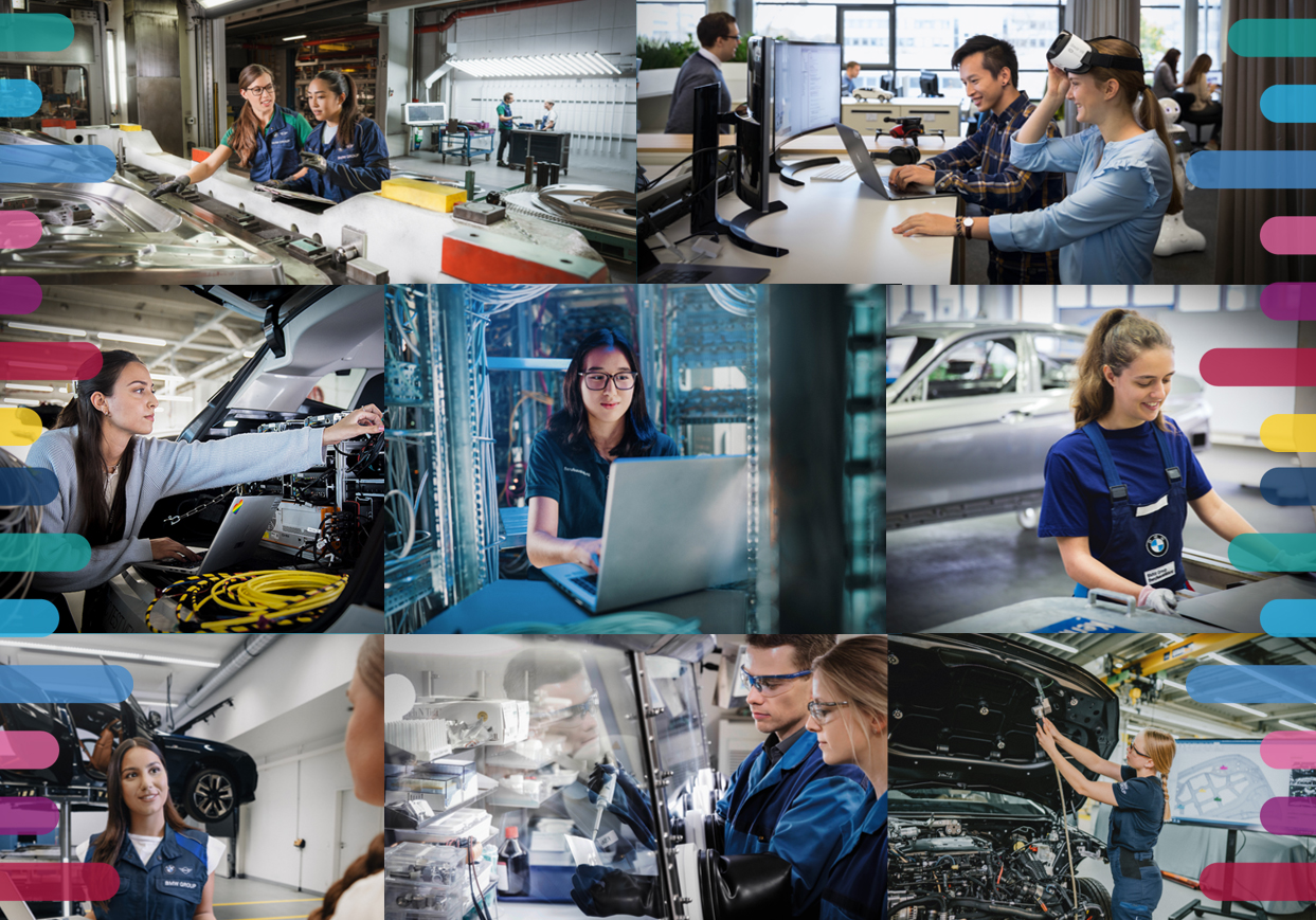 Collage von Mädchen in verschiedenen Arbeitssituationen in der IT und Technik am Girls'day bei der BMW Group.