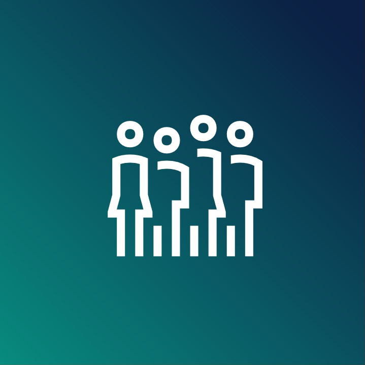 Icon mit vier Personen auf blauem Hintergrund.