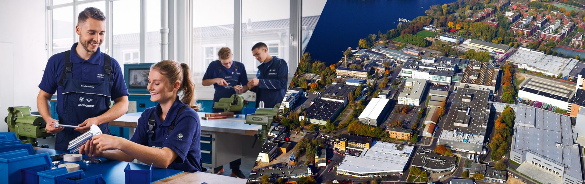 Collage: Azubis arbeiten in der Werkstatt und Luftaufnahme des Werks Berlin.