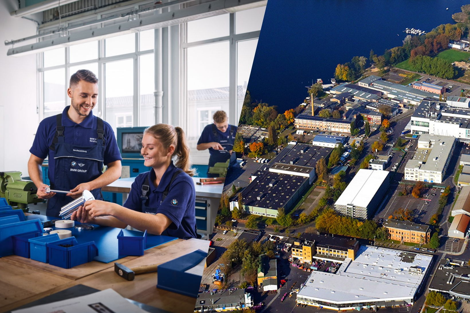 Collage: Azubis arbeiten in der Werkstatt und Luftaufnahme des Werks Berlin
