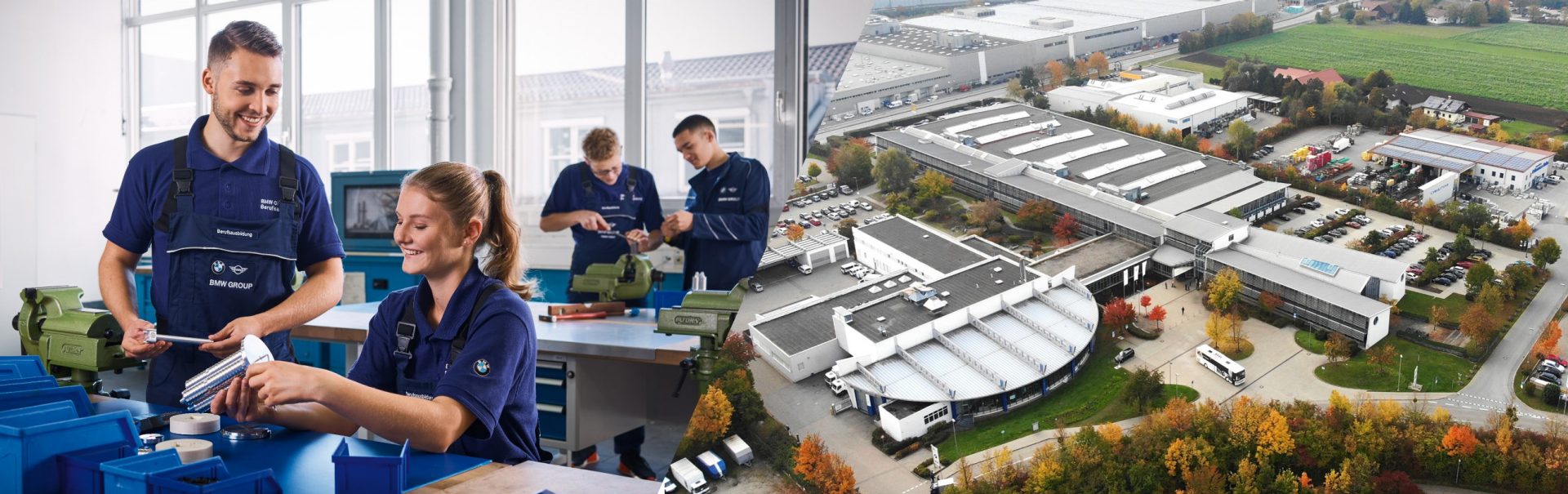 Collage: Azubis arbeiten in der Werkstatt und Luftaufnahme des Werks Werks Dingolfing.