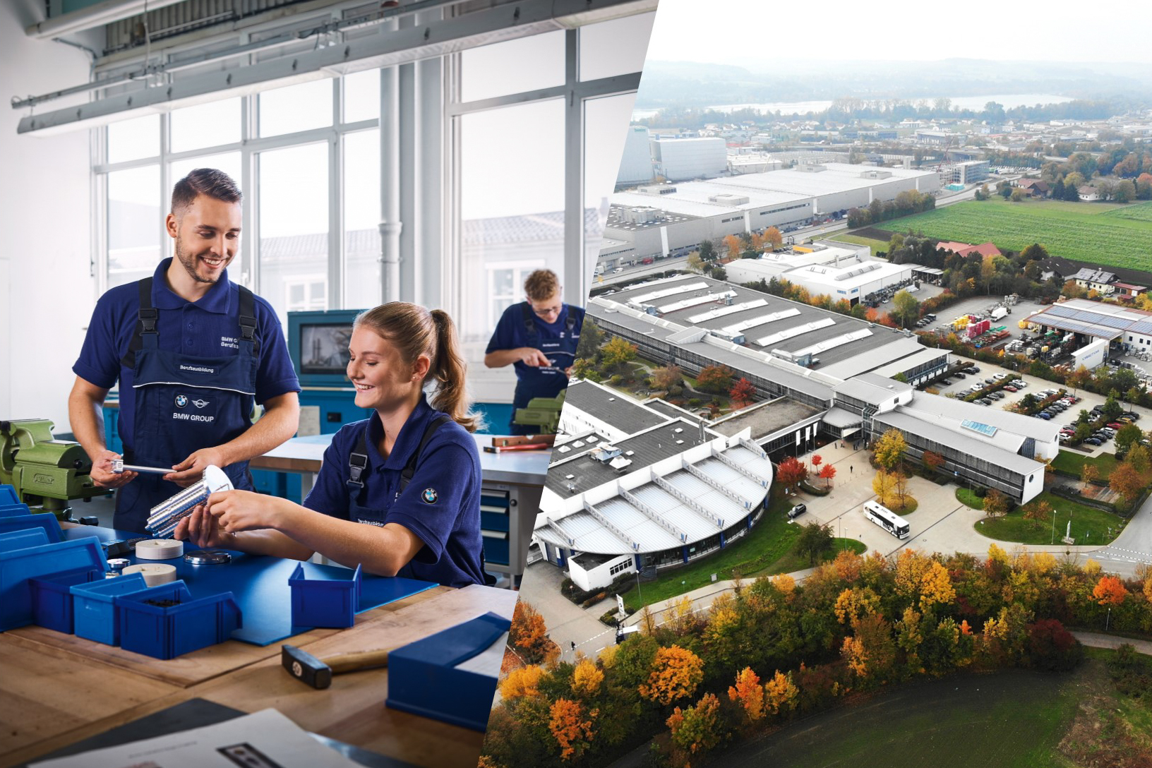 Collage: Azubis arbeiten in der Werkstatt und Luftaufnahme des Werks Dingolfing