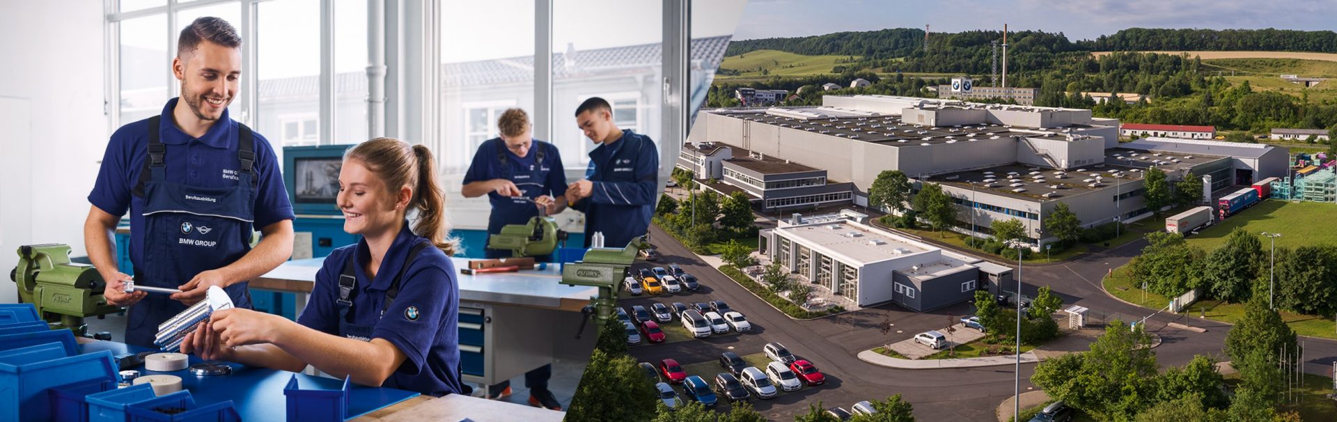 Collage: Azubis arbeiten in der Werkstatt und Luftaufnahme des Werks Eisenach