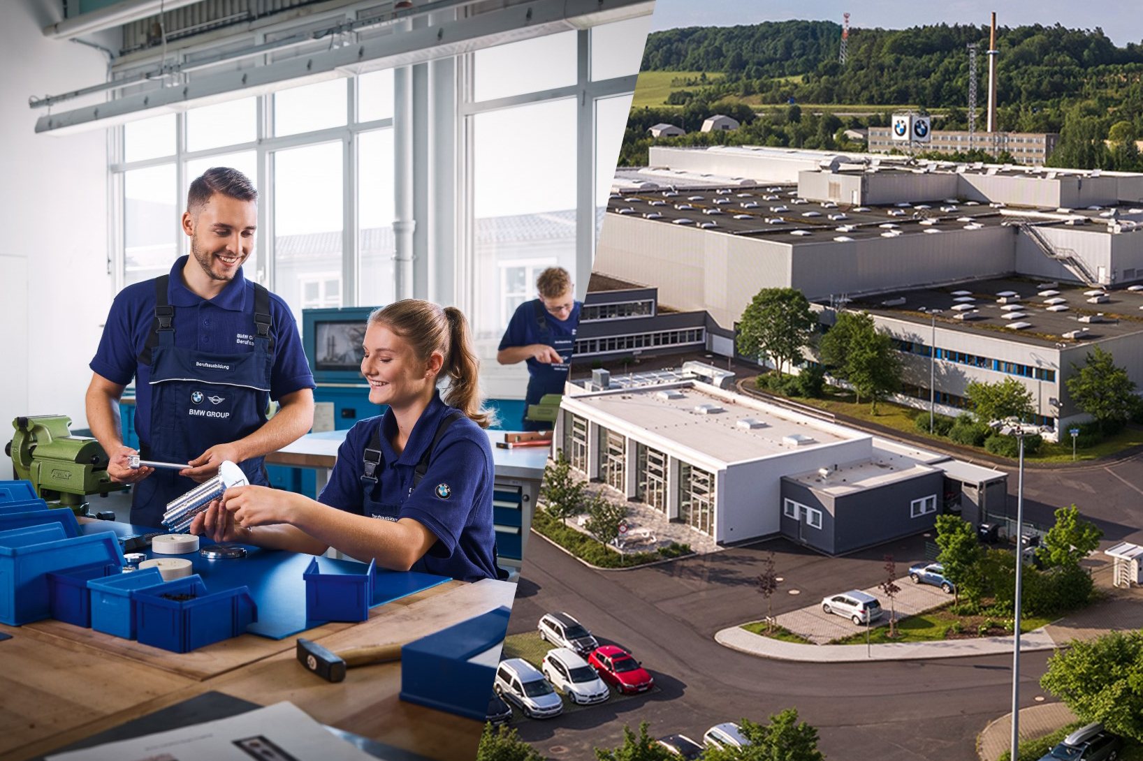 Collage: Azubis arbeiten in der Werkstatt und Luftaufnahme des Werks Eisenach